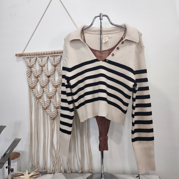 [ HAPPILY GREY] New w/ tags! CUTEST  cream/ navy striped COLLARED v-necK SWEATER - Picture 13 of 16